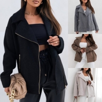 Fashion Notch Lapel Slant Zipper Long Sleeve Duffle Jacket