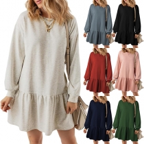 Casual Crew Neck Long Sleeve Ruffle Mini Dress