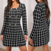 Vintage Checkered Square Neck Long Sleeve Double-breasted Mini Dress