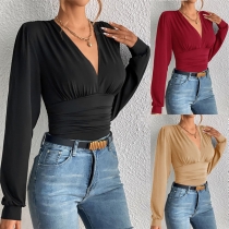 Fashion Solid Color V-neck Long Sleeve Shirt