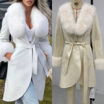 Street Fashion Plush Spliced Collar Long Sleeve Self-tie Jacket