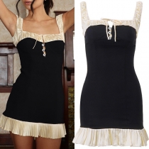 Fashion Contrast Color Ruched Square Neck Sleeveless Ruffle Hemline Bodycon Dress