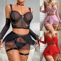 Sexy Semi-through Gauze Chain Ruffle Three-piece Lingerie Set