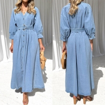 Vintage V-neck Long Sleeve Front Button Old-washed Denim Dress with Belt