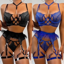 Sexy Criss-cross Chain Push-up Ruffle Three-piece Lingerie Set