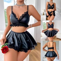 Sexy Lace Spliced Artificial Leather PU Two-piece Lingerie Set for Cosplay