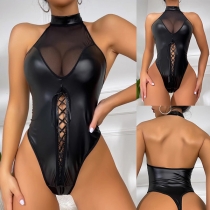 Sexy Spider Web Pattern Gauze Spliced Artificial Leather PU Bodysuit