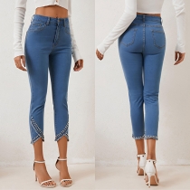 Fashion Mid-rise Rivet Fray Hemline Skinny Denim Jeans
