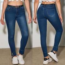 Fashion Mid-rise Side Button Skinny Denim Jeans