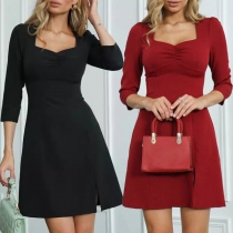 Fashion Square Neck Elbow-sleeve Side Slit Mini Dress