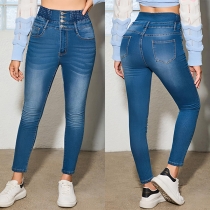 Fashion Elastic Waist High-rise Old-washed Skinny Jeans