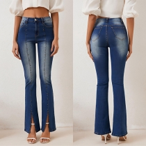 Fashion Mid-rise bead Front Slit Old-washed Denim Jeans