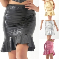 Fashion High-rise Ruffle Hemline Artificial Leather PU Skirt