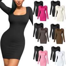Fashion Simple Square Neck Long Sleeve Ribbed Bodycon Dress
