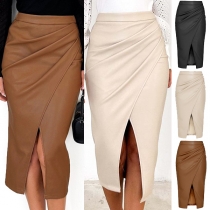 Fashion High-rise Ruched Slit Artificial Leather PU Skirt