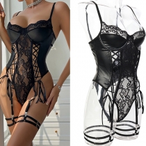 Sexy Lace-up Lace Spliced Artificial Leather PU Lingerie Bodysuit