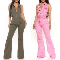 Street Fashion Halter Neck Front Button Backless Straight-cut Old-washed Denim Jumpsuit