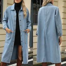 Street Fashion Stand Collar Long Sleeve Patch Pockets Front Button Longline Old-washed Denim Jacket