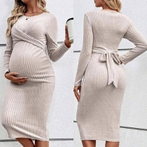 Fashion Front Kink-knot Crew Neck Long Sleeve Ribbed Maternity Dress