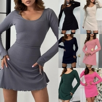 Fashion Crew Neck Long Sleeve Back Lace-up Mini Dress