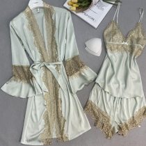 Comfy Lace Spliced Three-piece Pajamas Set Consist of Robe, Cami Nightwear Shirt and Shorts