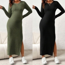 Fashion Solid Color Crew Neck Long Sleeve Side Slit Ribbed Maternity Dress