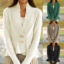 Fashion Front Button Long Sleeve Ruffle Hemline Knitted Cardigan