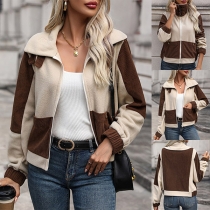 Fashion Contrast Color Big Lapel Collar Long Sleeve Patch Pockets Jacket