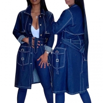 Street Fashion Stand Collar Long Sleeve Side Patch Pockets Denim Jacket with Belt