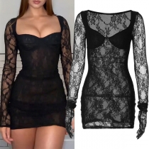 Fashion Sweetheart Neckline Long Sleeve Semi-through Lace Bodycon Dress