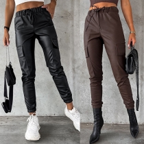 Fashion Drawstring Elastic Waist Side Patch Pockets Artificial Leather PU Pants