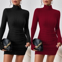 Fashion Mock Neck Long Sleeve Ribbed Dress