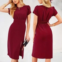 Elegant Crew Neck Puff Short Sleeve High-waist Side Slit Dress