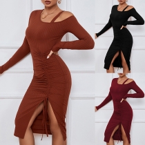 Fashion Solid Color Cut Out Long Sleeve Front Drawstring Slit Bodycon Ribbed Dress