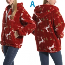Comfy Cartoon Elk Printed Hooded Long Sleeve Plush Jacket for Couple
