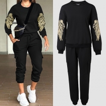 Fashion Sporty Two-piece Set Consist of Sweatshirt with Sequin Angel Wing Pattern and Pants with Side Patch Pockets