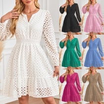 Fashion Hollow Out Solid Color V-neck Long Sleeve High-rise Dress