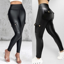 Street Fashion High-rise Side Patch Pockets  Artificial Leather PU Skinny Pants