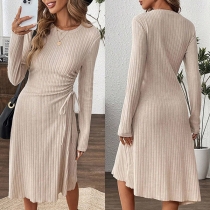 Elegant Crew Neck Long Sleeve Side Drawstring Ribbed Dress