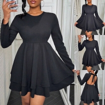 Sexy Crew Neck Self-tie Backless Pleated Mini Dress
