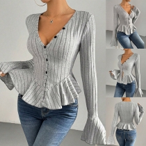 Fashion Button V-neck Ruffle Long Sleeve Hemline Ribbed Shirt