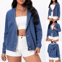 Casual Hooded Long Sleeve Crop Denim Jacket