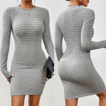 Fashion Hollow Out Crew Neck Long Sleeve Bodycon Dress