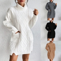 Fashion Cable Pattern Turtleneck Long Sleeve Patch Pockets Sweater Dress