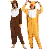 Cute Contrast Color Cartoon Elkshape Long Sleeve Plush Nightwear Jumpsuit for Couple
