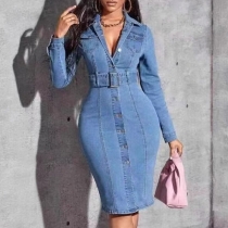 Fashion Notch Lapel Long Sleeve Old-washed Bodycon Denim Dress