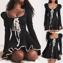 Sexy Lace Spliced Square Neck Puff Long Sleeve Front Lace-up Mini Dress