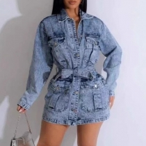 Street Fashion Stand Collar Long Sleeve Patch Pockets Old-washed Denim Dress with Self-tie Belt