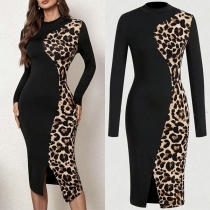 Sexy Contrast Color Leopard Printed Crew Neck Long Sleeve Front Slit Bodycon Dress