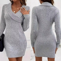 Fashion Lapel V-neck Long Sleeve Side Button Bodycon Sweater Dress